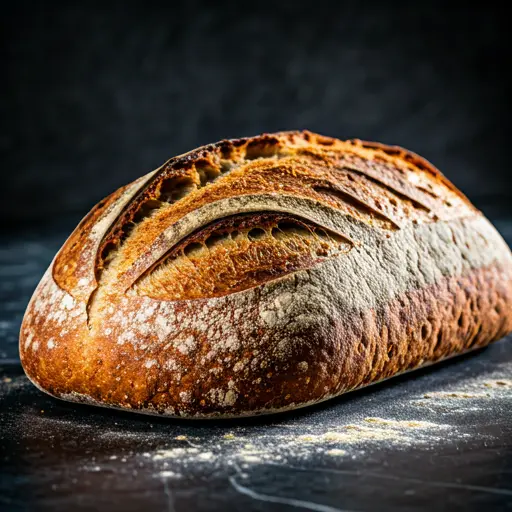Close-up of artisan sourdough bread on dark marble countertop with dramatic side lighting and golden flour dust